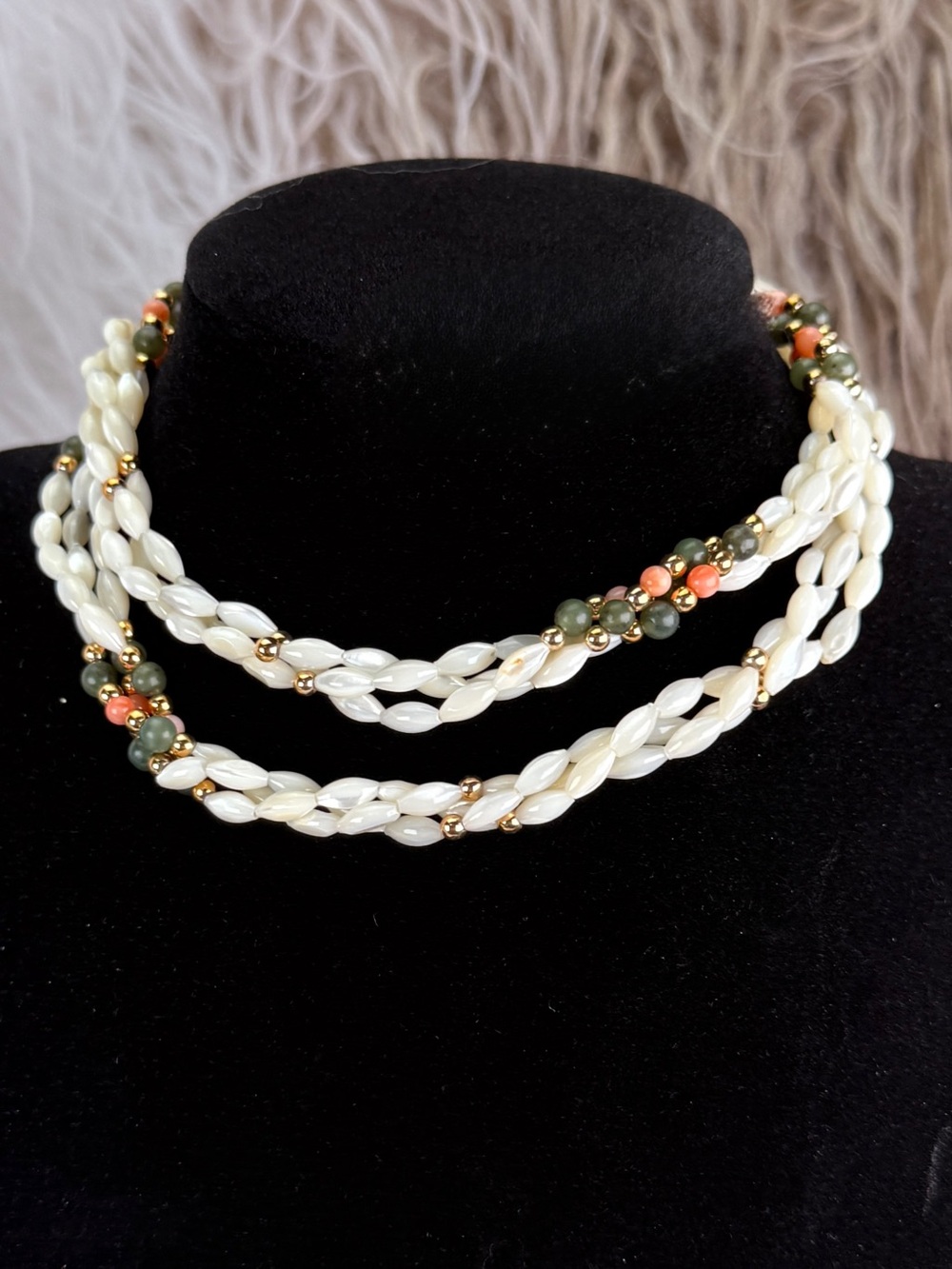 Intertwined White Bead Necklace Coral Green Gold Tone Accents Vintage Boho